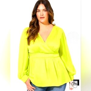 Torrid Size 2X Women's Neon Lime Green/Yellow Satin Wrap Top with Tie Back NWT